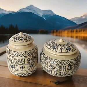 Vintage 2 LKSF Ceramic Jars Lviv Ukraine Same Design Two Sizes 1960s Soviet Era